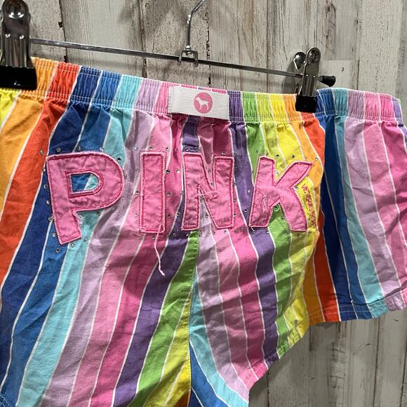 Vintage Y2K Victoria Secret PINK Rainbow Stripe Booty Logo Boxer Shorts Medium - Picture 5 of 7